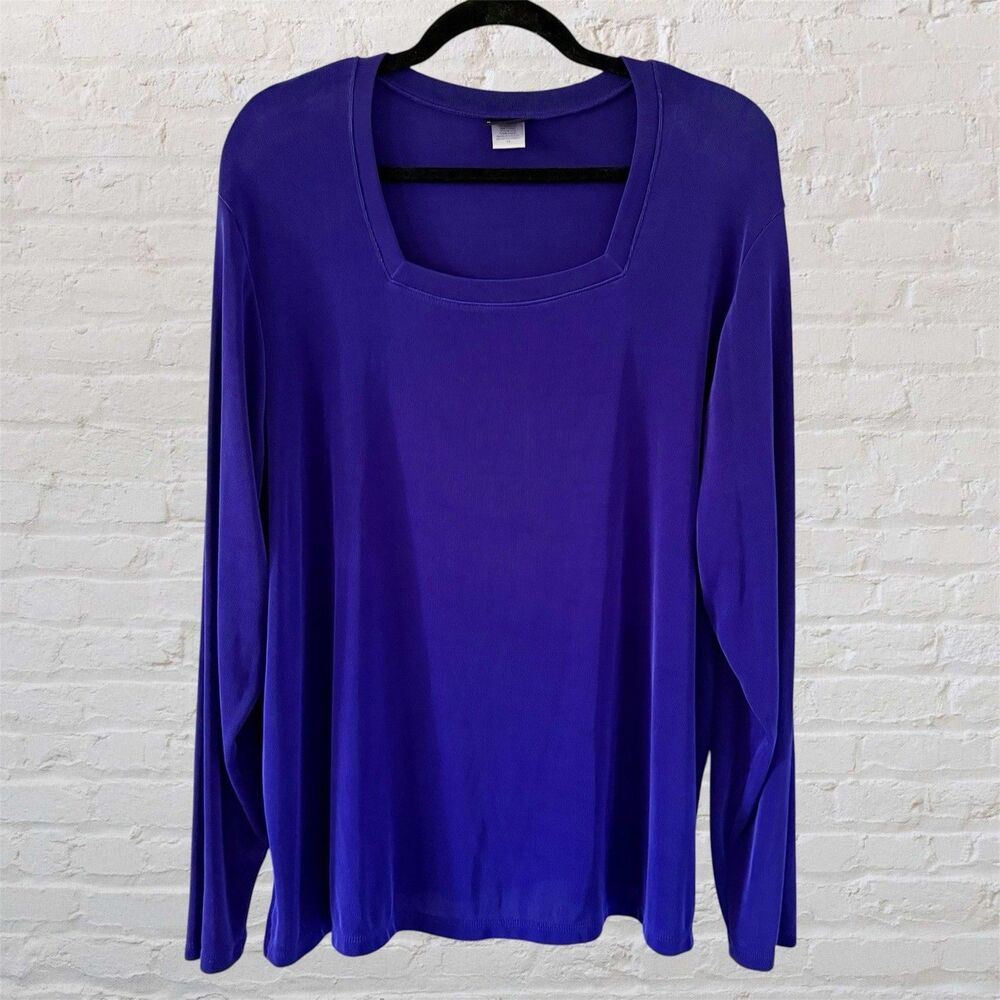 Citiknits Womens Square Neck Blue Purple Long Sleeve Top Blouse Shirt Acetate 1X